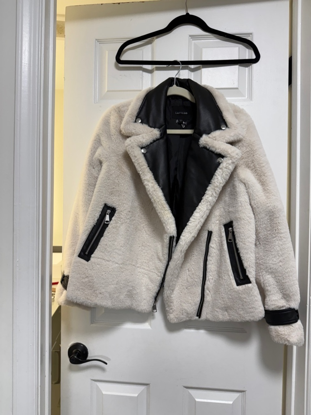 Lafayette 148 New York Cream Faux-Shearling Moto Jacket with Black Trim